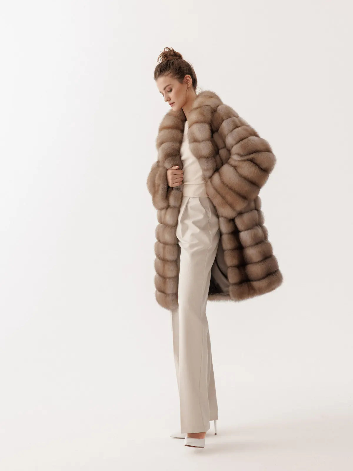 Marten fur coat for women with a shawl collar