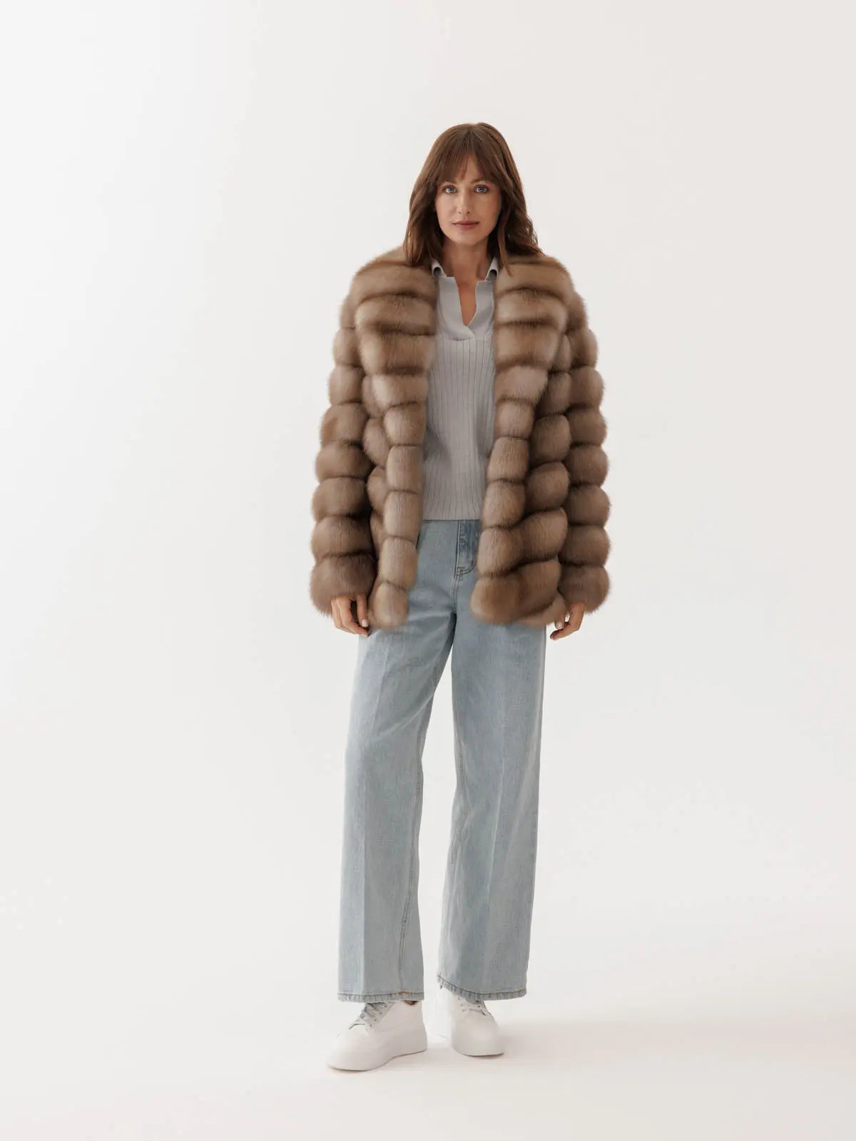Short marten fur coat with shawl collar for women