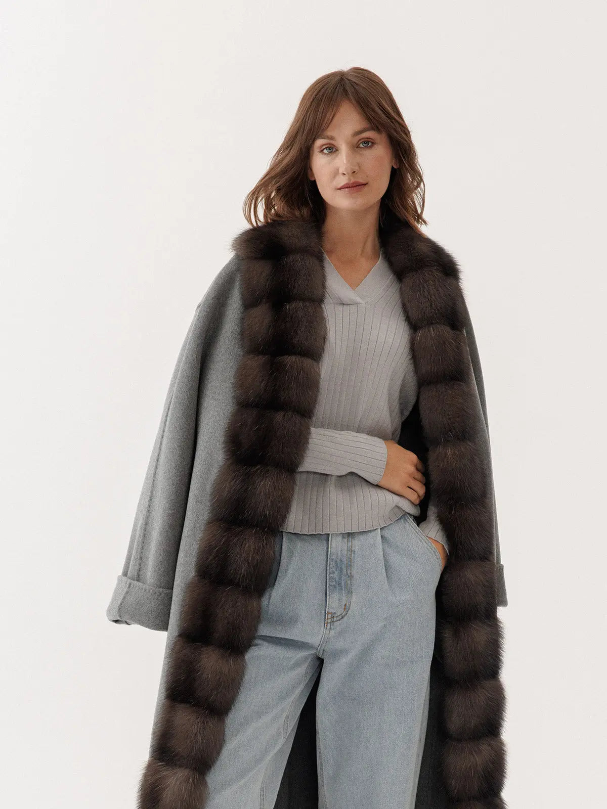 Cashmere coat with sable fur trim on the side