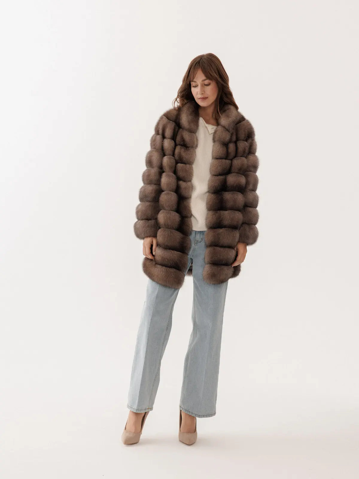 Sable coat with a stand-up collar in Desert Ice color
