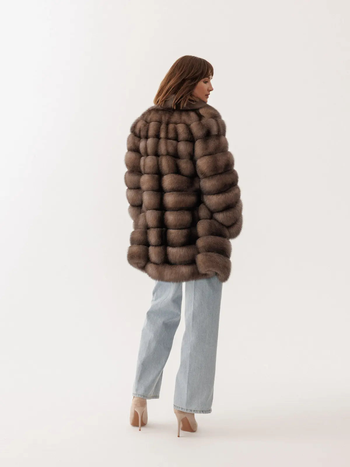 Sable coat with a stand-up collar in Desert Ice color