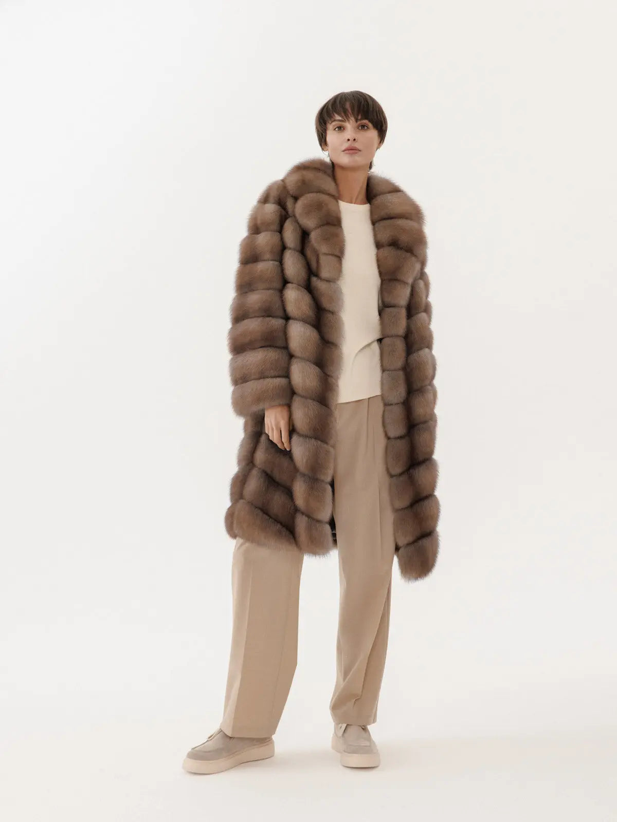 Marten coat with stand-up collar