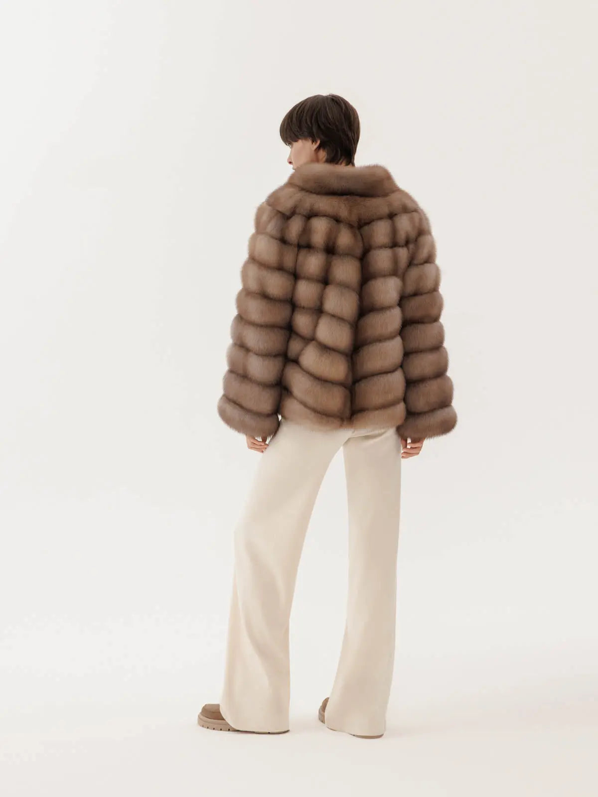 Short marten fur coat with stand-up collar