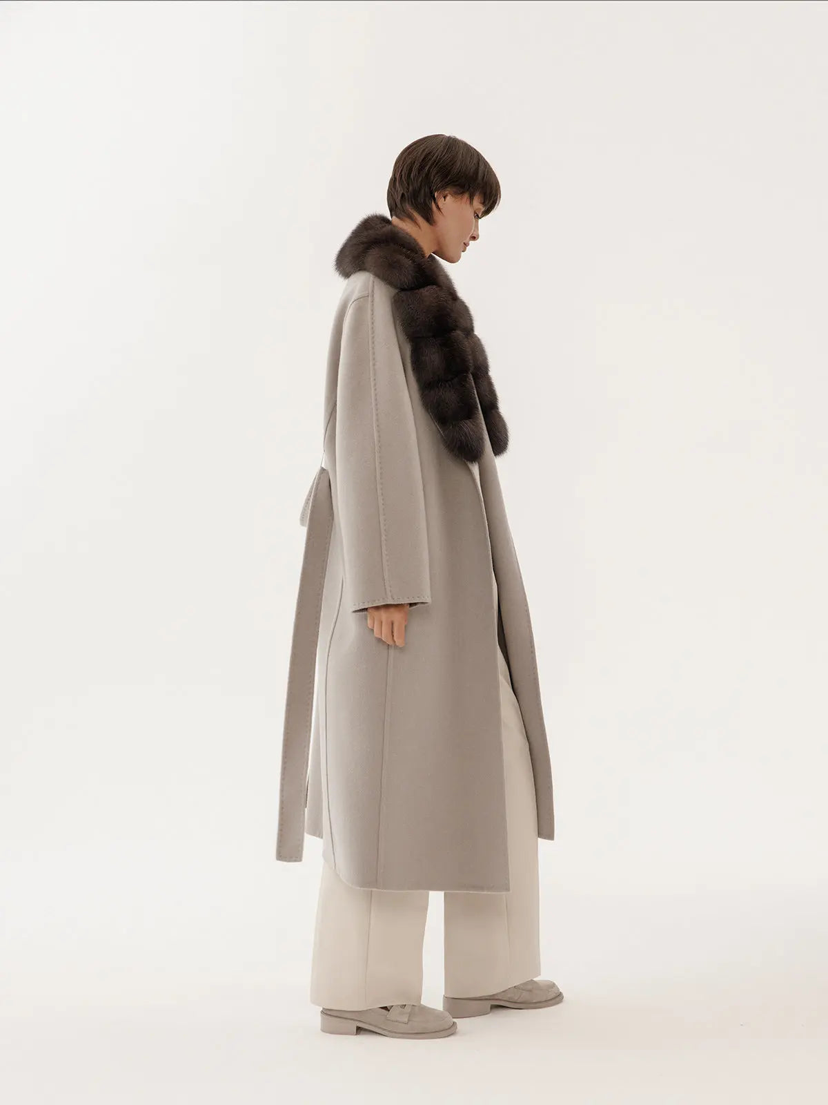 Olive colored cashmere coat with sable collar
